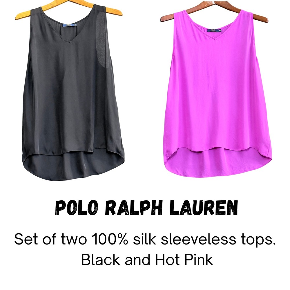 POLO RALPH LAUREN Set of 2 100% Silk‎ Sleeveless V Neck Tops Black Hot Pink M